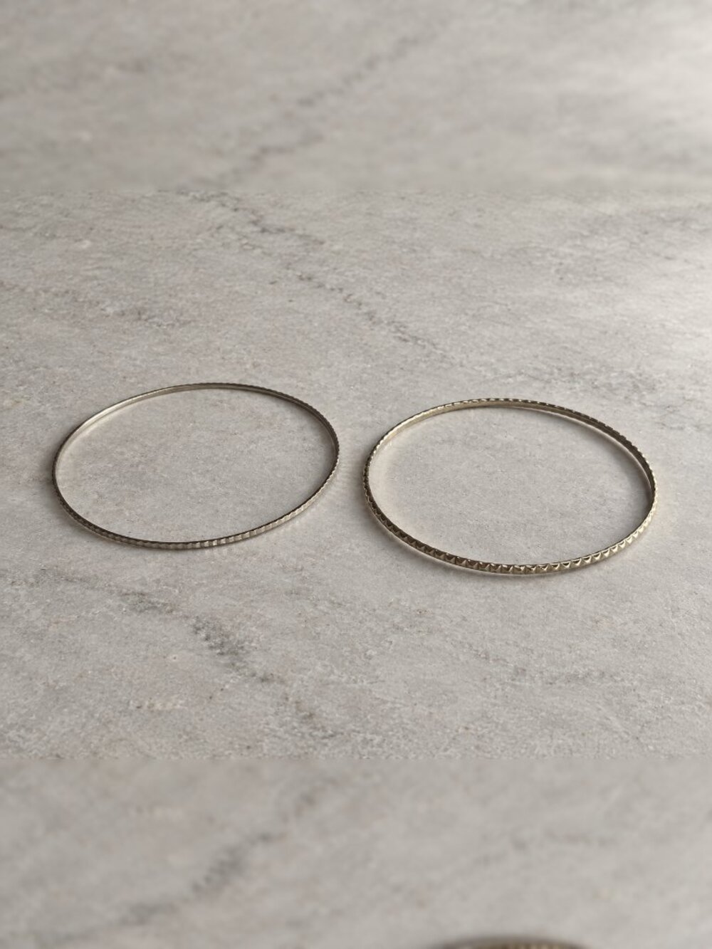 Silver Tone Bangle Bracelet Set of 2 Diamond Cut Thin Stacking 2.65 & 2.7 in